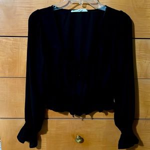 Lola Grace Cropped Top Black Peasant Shirt Flare Sleeves Elastic Bottom Small